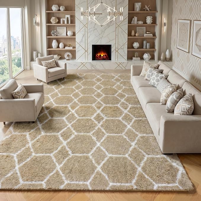 8x10 Area Rugs for Living Room, Fluffy Beige and White Modern Bedroom Rug | by ONASAR