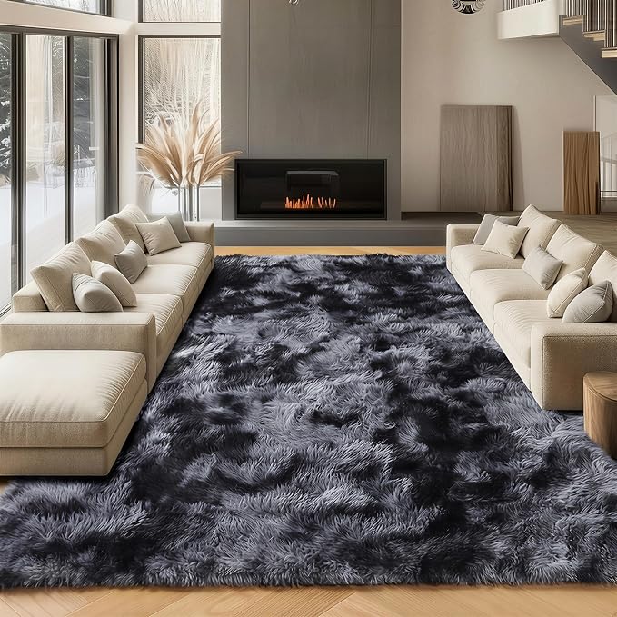 8x10 Area Rugs for Living Room, Tie-Dyed Dark Grey Fluffy Shag Large Bedroom Rug by ONASAR