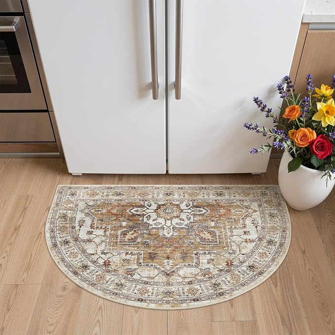 Madane Washable Half Circle Round Rug 2x3 Small Moon Rugs, Turmeric/Grey | - Image 4