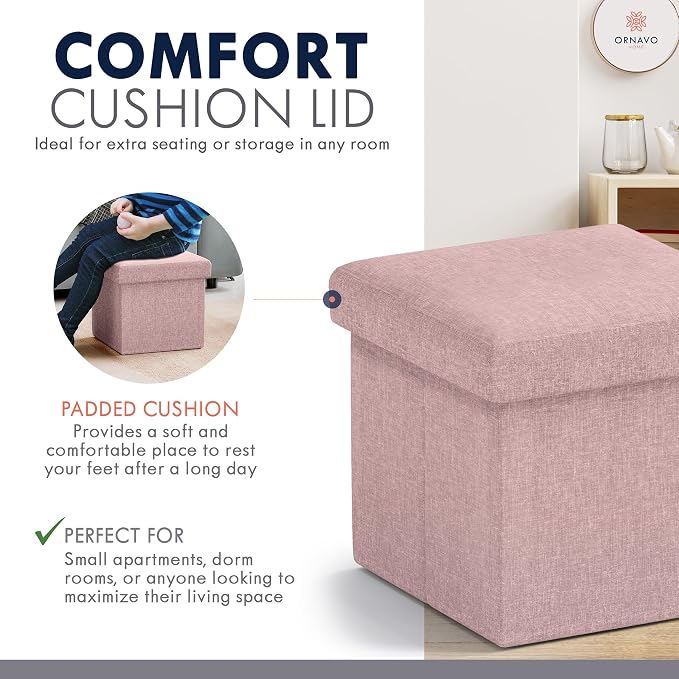 Ornavo Home Small Storage Ottoman Foldable Collapsible Cube Square Linen - Image 5