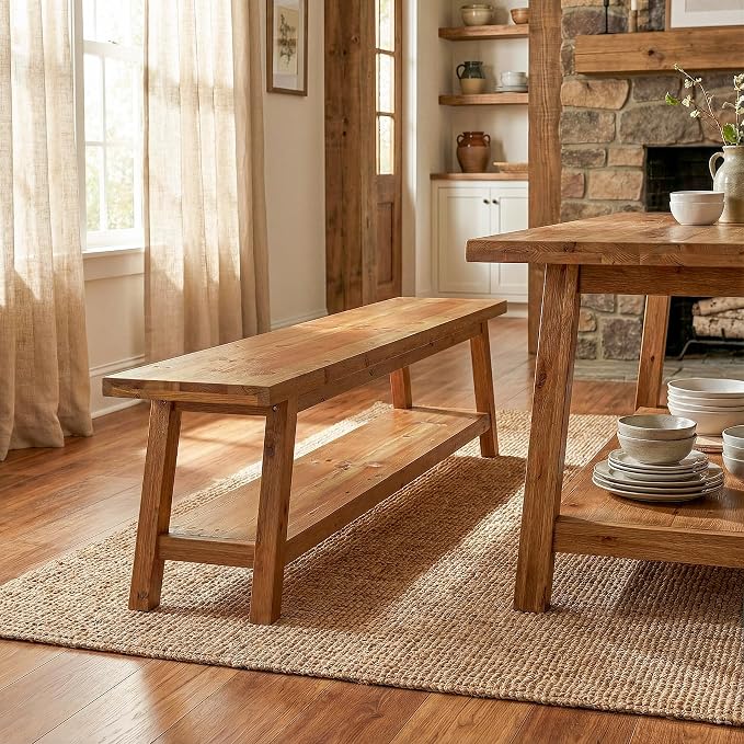 63” Wood Dining Room Bench, Farmhouse Kitchen Bench - Image 3