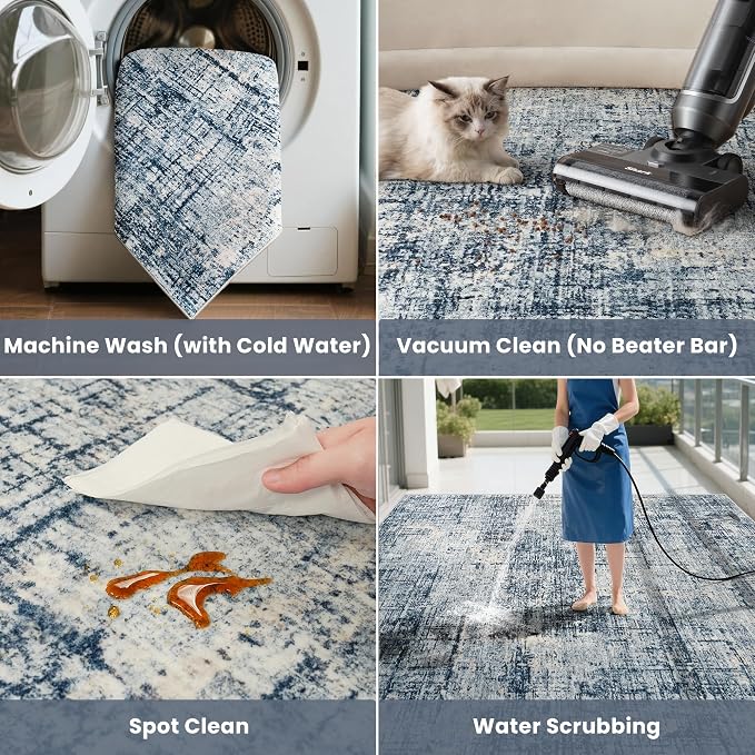 8x10 Washable Area Rug for Living Room Bedroom: Non-Slip Modern Blue Gold | - Image 5