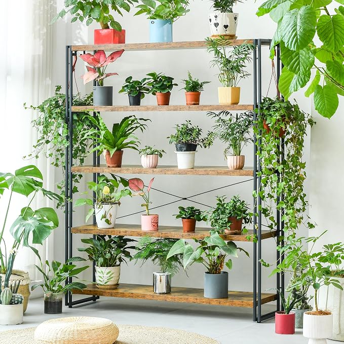 HCHQHS Bookshelf, 5-Tier Industrial Bookcase, Rustic Open Book Shelf, - Image 8