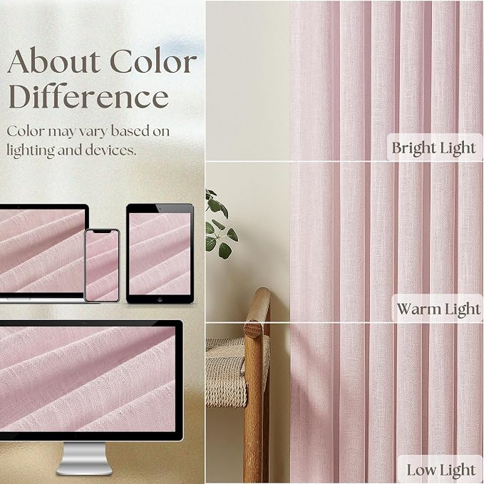 Light Pink Pinch Pleat Linen Semi Sheer Curtains 45 Inch Length 2 Panels | - Image 4