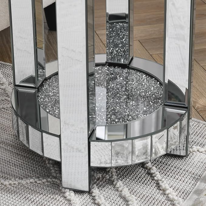 Mirrored Round End Table with Crystal, 2-Layer Modern Small Sofa Table with - Image 6