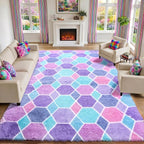 Checkered 8x10 Area Rugs for Living Room, Fluffy Purple Rainbow Girls Rug | - Image 5