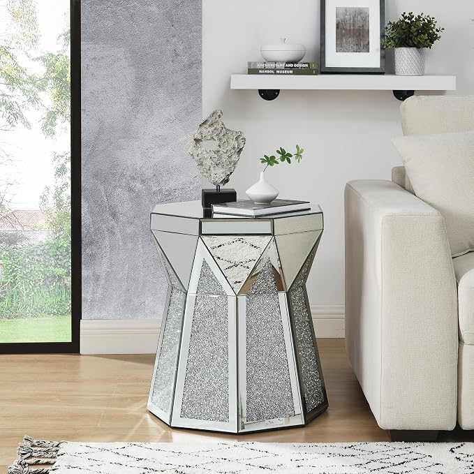 Drum End Table with Mirror Crystal, Modern Design Luxury Furniture, 20 inch - Image 3