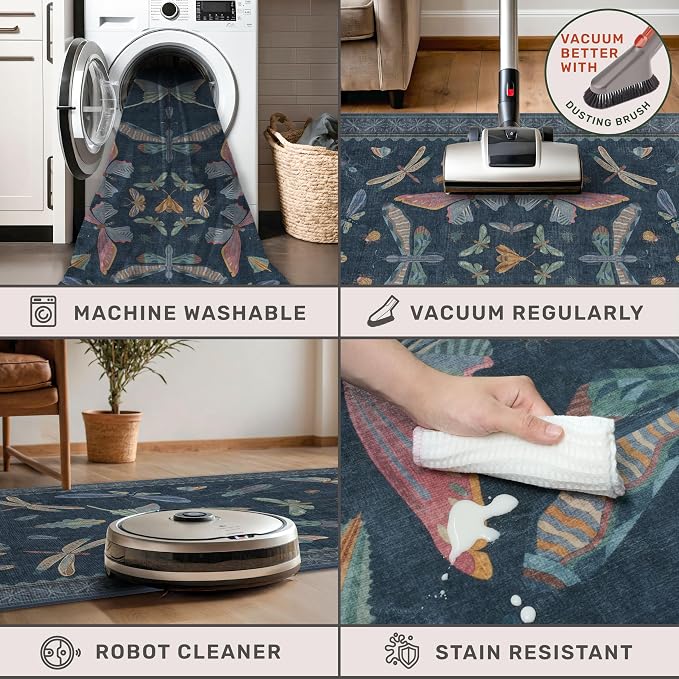2'6"x10' Dark Blue Kitchen Runner Rug, Washable Non Slip Hallway Rug - Image 5