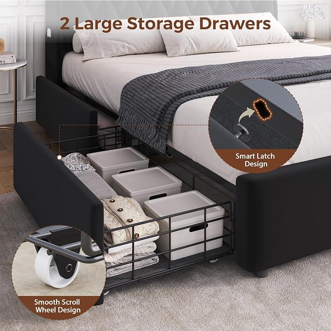 Full LED Velvet Bed Frame with 2 Storage Drawers&Hidden Headboard, Upholstered - Image 5
