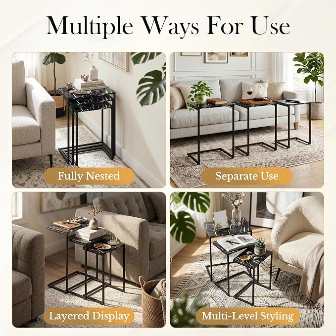 SUPER DEAL Nesting Tables Set of 3, Industrial C Shaped End Table Stackable - Image 4