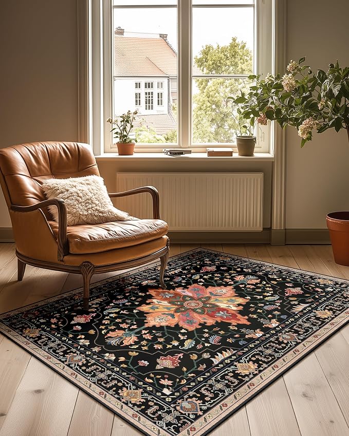 RELEANY Washable Area Rug, Water Repellent, Pet Friendly, Vintage Floral Boho by RELEANY
