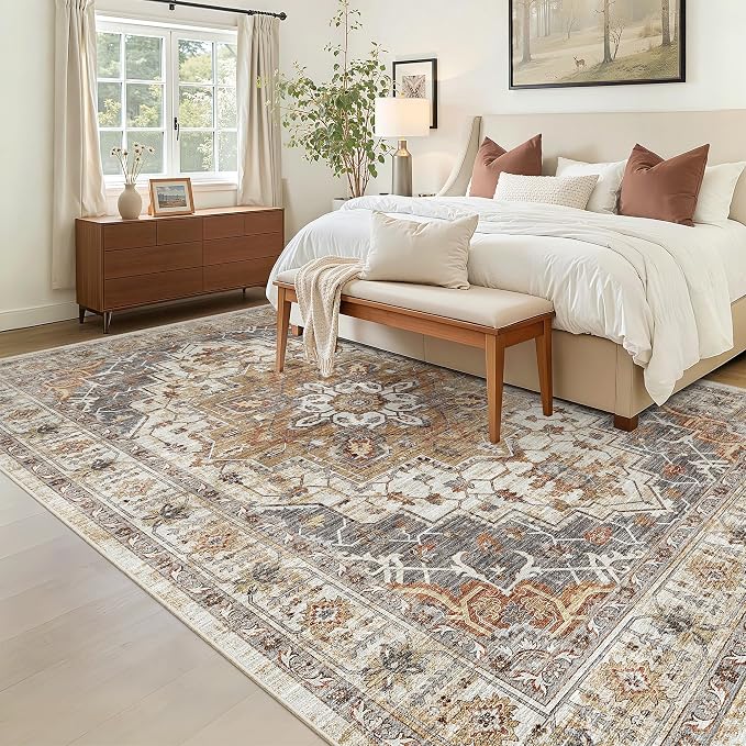 Madane 6x9 Area Rugs for Living Room, Vintage Washable Rug, Turmeric/Grey | - Image 2