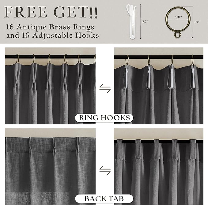 Dark Grey Pinch Pleat Linen Light Filtering Privacy Curtains 108 Inch Long | - Image 5