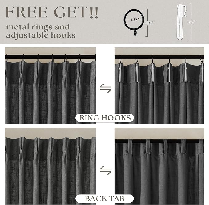Charcoal Gray Linen Pinch Pleat Semi Sheer 120 Inch Curtains 2 Panels Set | - Image 5
