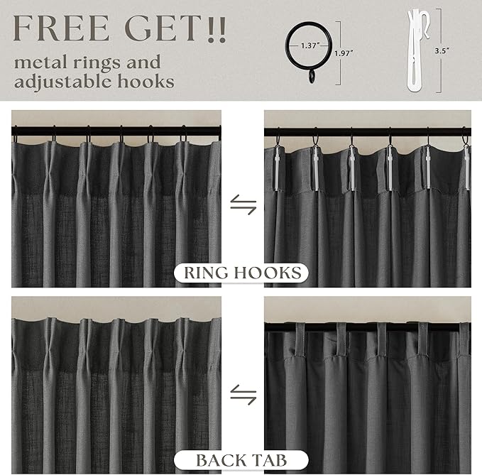 Dark Gray Linen Pinch Pleated Light Filter Curtains 96 Inches Long 2 Panels | - Image 5