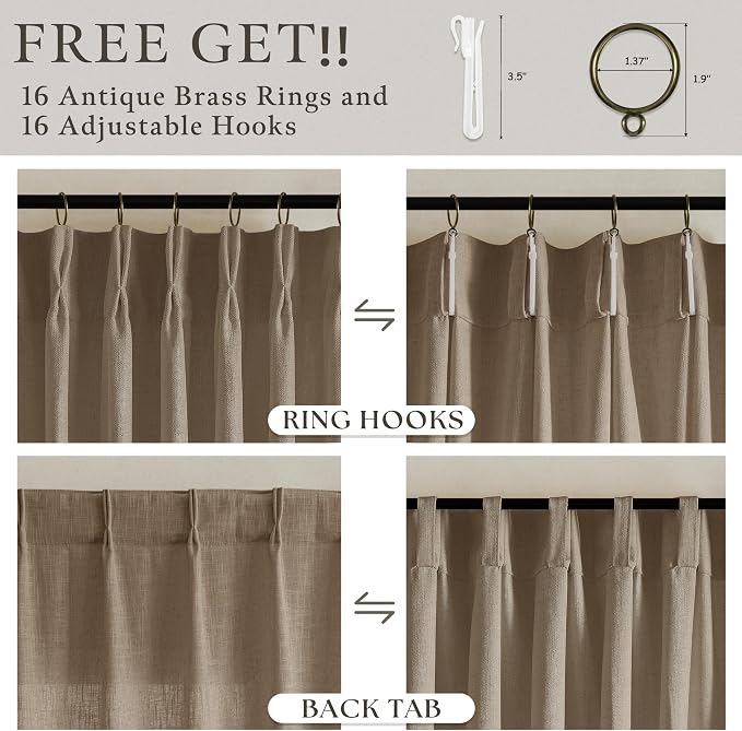 96 Inches Pleated Linen Tan Latte Memory Train Semi Sheer Curtains 2 Panels | - Image 5