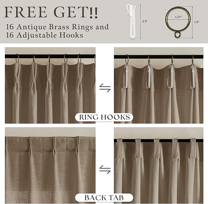 Latte Brown Pinch Pleated Thick Linen Semi Sheer Curtains 108 Inches Long | - Image 2
