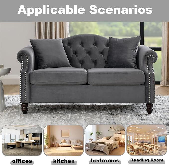 57" Chesterfield Grey Velvet 2-Seater Sofa - Image 4