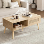 ZttRiee Wood Coffee Table with Storage, Boho Dining Table with Sliding Rattan by ZttRiee