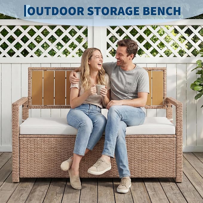 Outdoor Storage Bench with Cushion, Hand-Woven Yellow Wicker Deck Box with - Image 7
