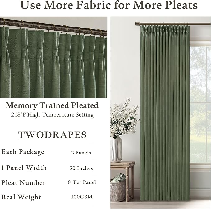 Green Linen Pinch Pleated Semi Sheer Curtains - Image 4