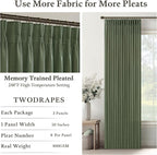Olive Green Linen Pleated Curtains Semi Sheer Boho Curtain 50Wx80L 2 Panels | - Image 4