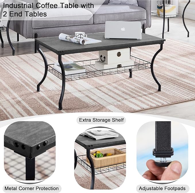 VECELO 3 Pieces Living Room Table Sets, Coffee and End Tables - Image 3