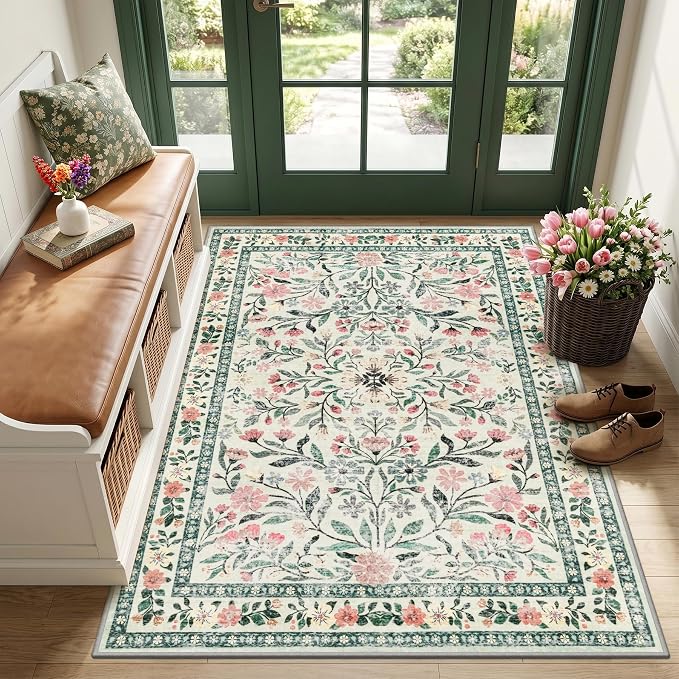 PLHXFR Area Rug Living Room: 3x5 Floral Washable Boho Carpet Green Beige | by PLHXFRSoftAreaRugs