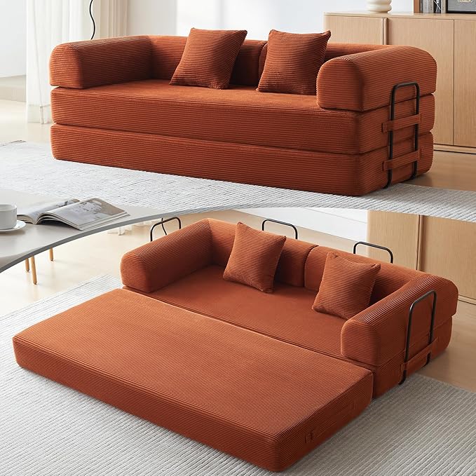 Convertible Sleeper Sofa with 2 Pillow, Modern Corduroy Futon Bed, Modular Sofa by QQR