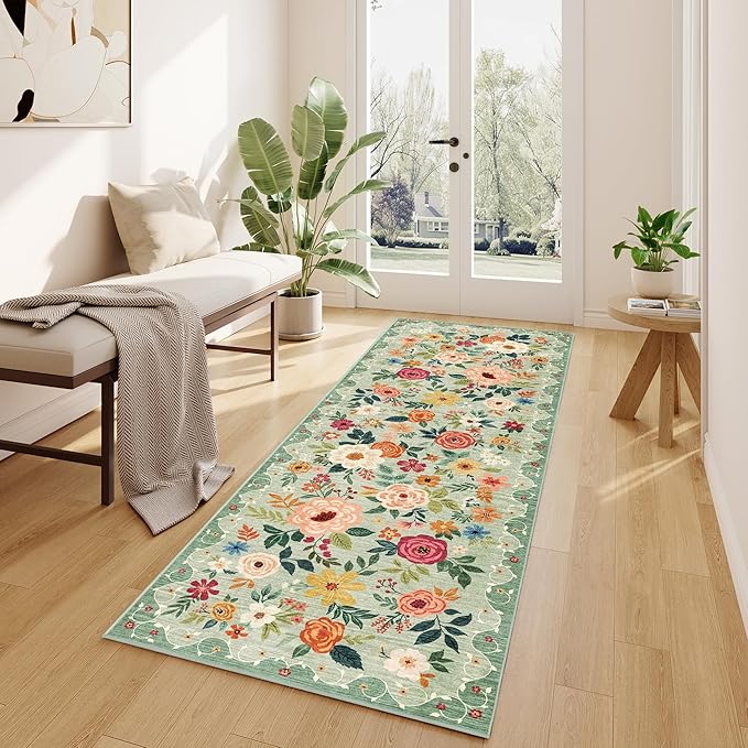 DUKINO 2x10 Runner Rug, Floral Washable Kitchen Runner Rug Non Slip, Low Pile - Image 3