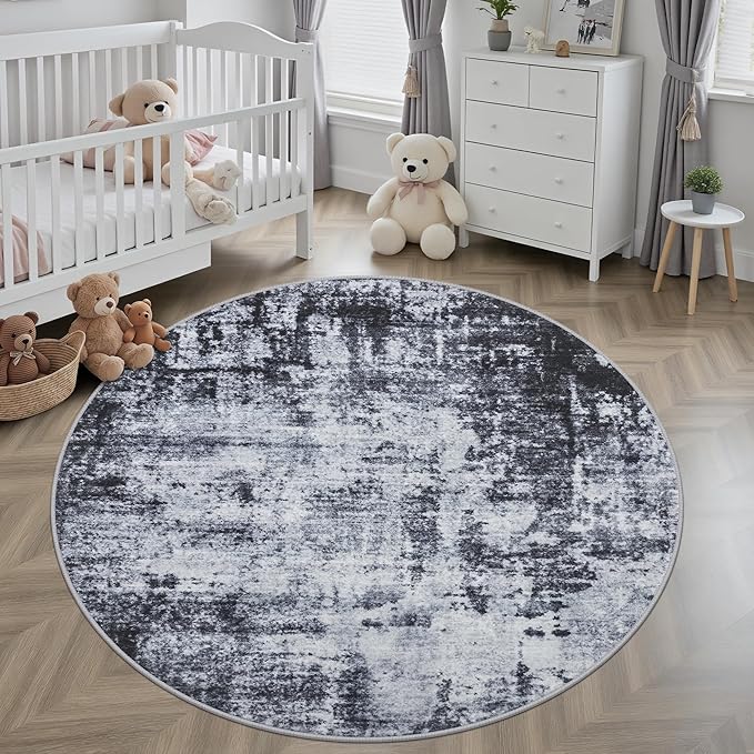 Round Area Rug Living Room: 6 ft Modern Washable Carpet Dark | - Image 4