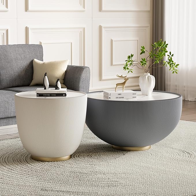 Round Marble Coffee Table Set of 2, 2 Piece White Coffee Table and End Table by Henf