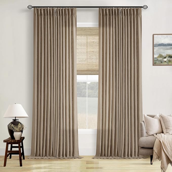 100 Inch Linen Blend Light Brown Memory Shape Pleated Curtains 2 Panels | by Twodrapes