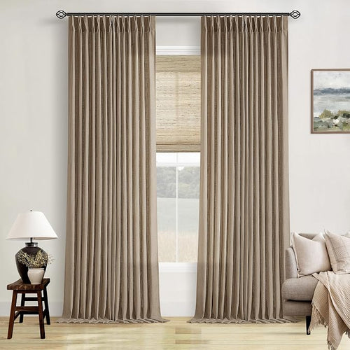100 Inch Linen Blend Light Brown Memory Shape Pleated Curtains 2 Panels | by Twodrapes