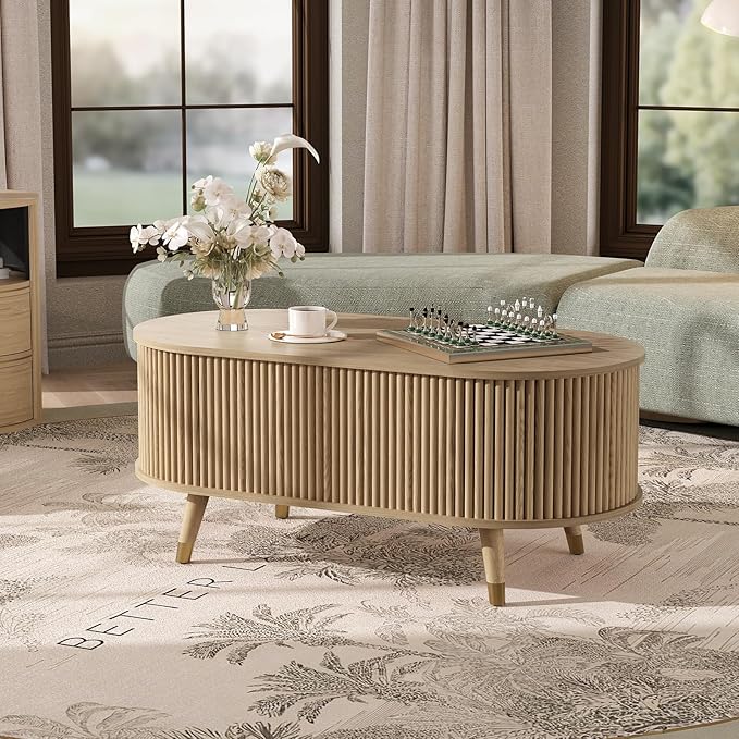 SULIVES Oval Coffee Table with Storage, Small Fluted Center Table - Image 6