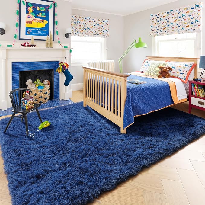 Amdrebio Navy Blue Furry Shaggy Area Rug 5x7 - Image 3