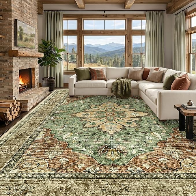 RELEANY Washable Area Rug, Large 10'x14', Brick/Brown/Green | Non-Slip by RELEANY