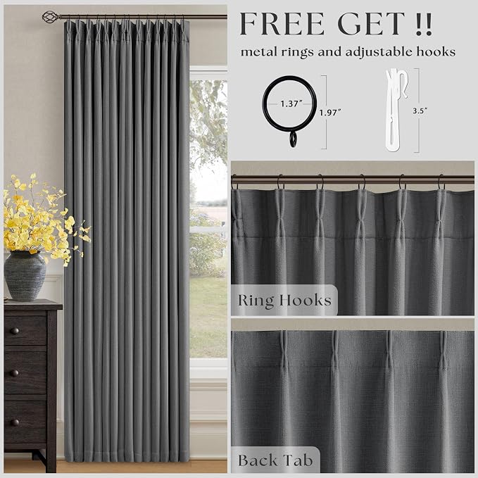 Dark Grey Pleated Thick Linen Blackout Curtains 100 Inches Long - Image 4