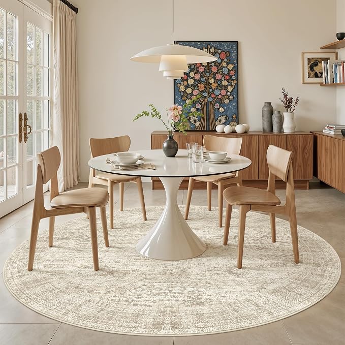 Soalmost Round Rugs 8ft Living Room Circle Area Rug 8x8 Beige Vintage | - Image 3