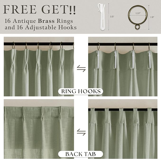 Thick Linen Pinch Pleat Sage Green Light Filtering Curtains 102 Inches Long | - Image 5