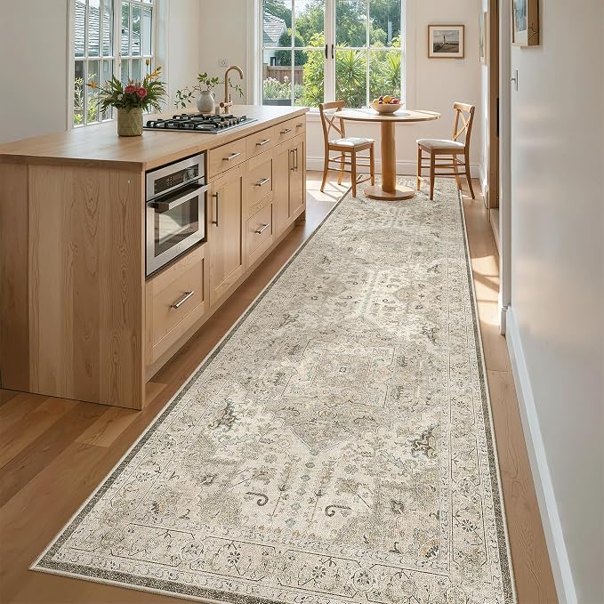 Madane Hallway Runner Rug 3x12 Washable Kitchen Runners 12ft, Ivory/Brown | - Image 4