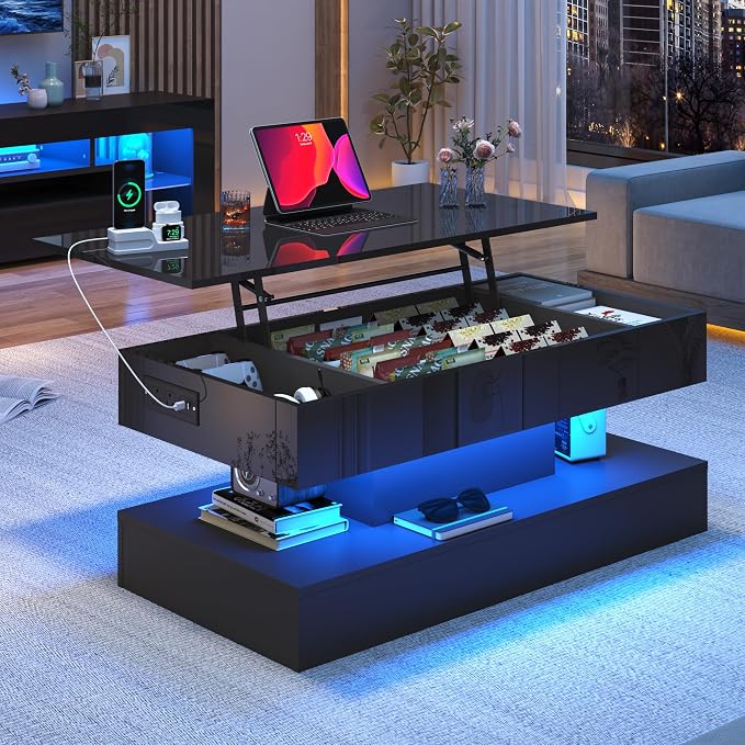 39.4" Large Lift Top Coffee Table, Modern High Glossy LED Coffee Tables - Image 3