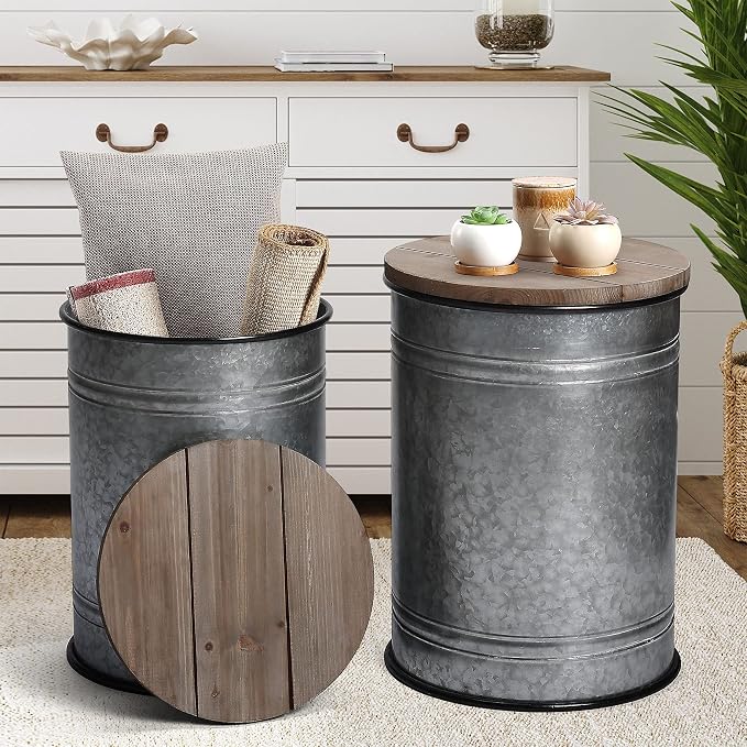 Rustic Storage Ottoman Seat Stool, Farmhouse Accent Side Table, Antique - Image 8