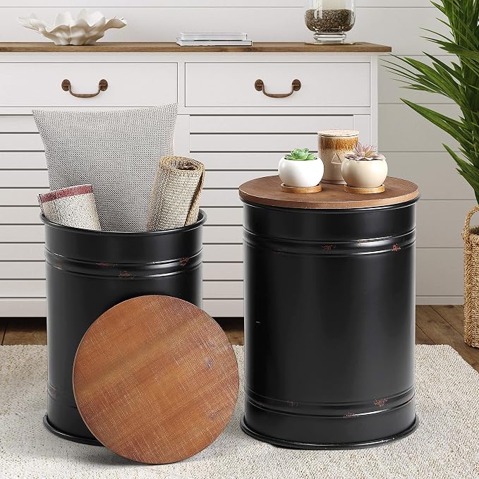 Rustic Storage Ottoman Seat Stool, Farmhouse Accent Side Table, Antique - Image 8
