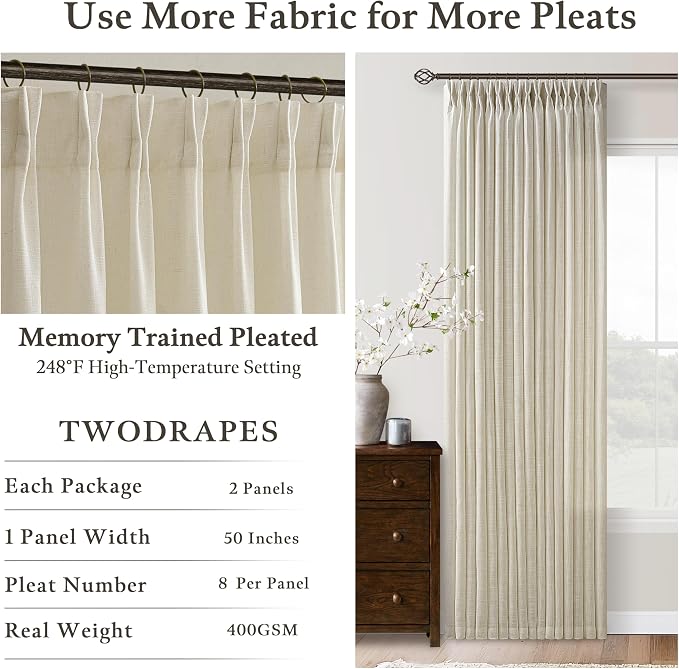 Tan Beige Memory Trained Semi Sheer Linen Pleated Curtains 80 Inches Long | 80 - Image 5