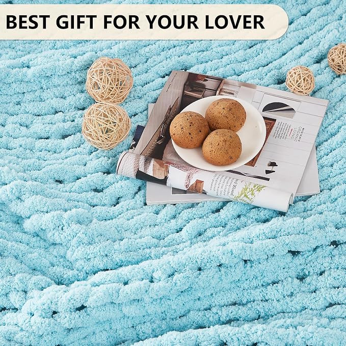 L'AGRATY Chenille Chunky Knit Blanket, Light Blue, Heavyweight Throw Blanket - Image 6