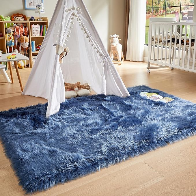 AMTOVO Faux Fur Sheepskin Rug for Living Room, 4 x 6 ft Dark Blue Fluffy Area - Image 6