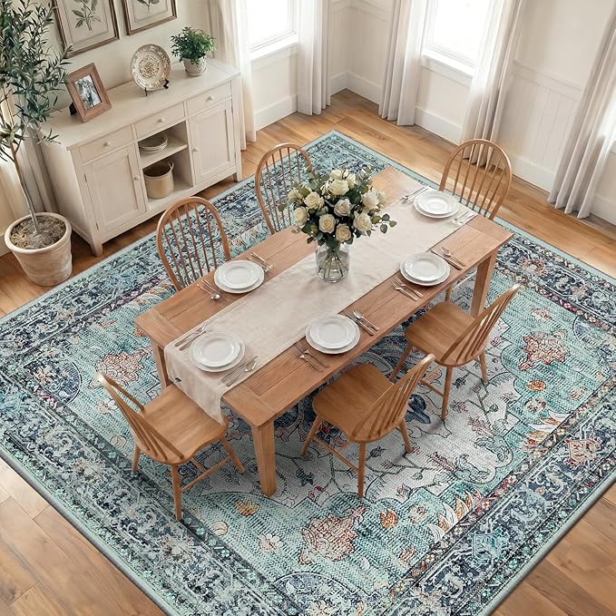 RELEANY Washable Area Rug, Square 10'x10', Teal Green/White/Navy | Non-Slip by RELEANY