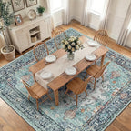 RELEANY Washable Area Rug, Square 10'x10', Teal Green/White/Navy | Non-Slip by RELEANY