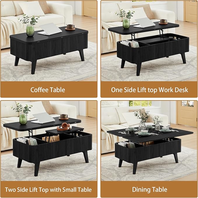 Fluted Lift Top Coffee Table, 3 in 1 Convertible Coffee Tables Converts to - Image 4